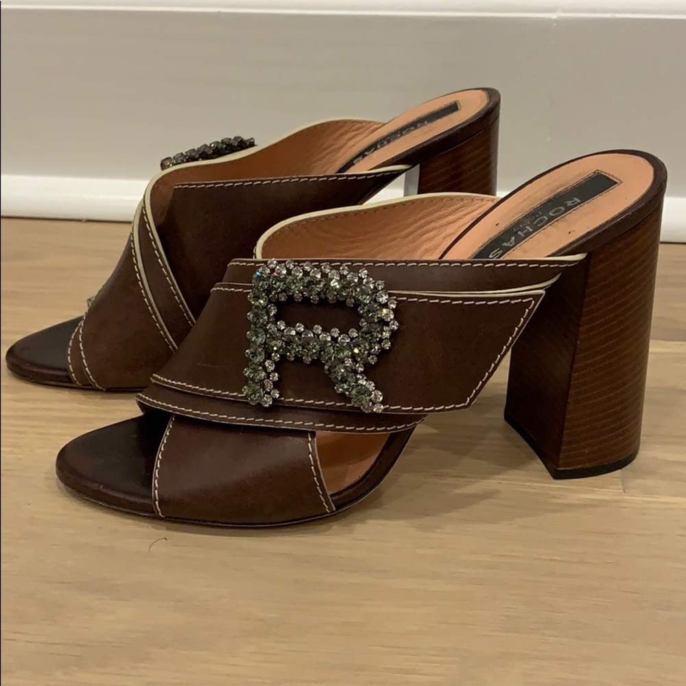 Rochas runway brown leather open toe mules
